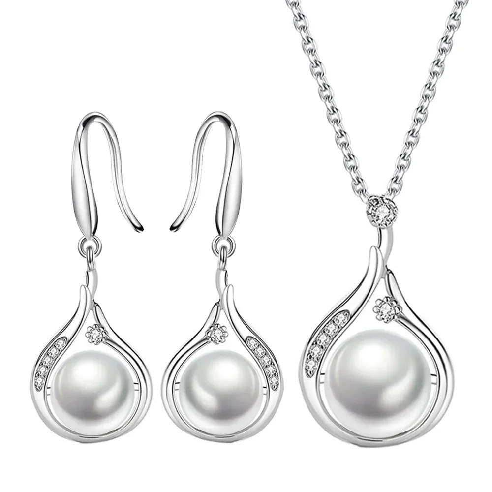 

925 Sterling Silver Pearl Pendant Elegant Jewelry Sets For Women Earring Necklace Luxury Quality Jewellery Wholesale Accessories