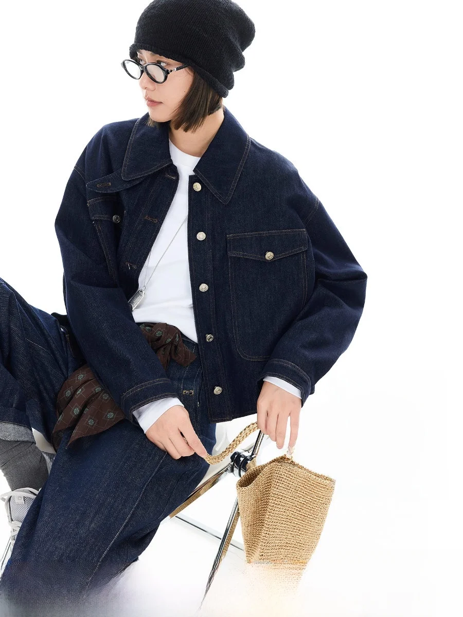 

Retro Collar Cotton Feel Waed Denim Jaet ort Women's Top Casual Loose Fit Button Detail Straight Cut Autumn Wear