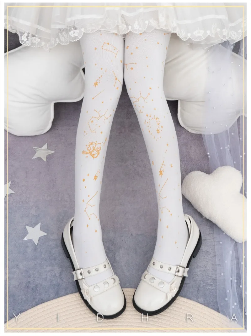 Japanese Lolita Black Silver Tights Starry Sky Cat Galaxy Constellation Rojita Pantyhose 2025 Spring And Autumn Socks For Ladies