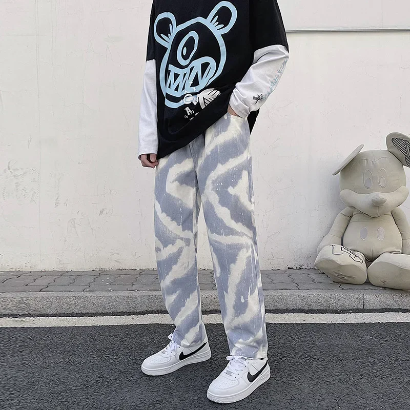 2023 New style spring and  e spring andutumn Tie-Dye Sports Men's Casual Hip-Hop High Street Elastic Waist Trendy Wide-Leg Jeans