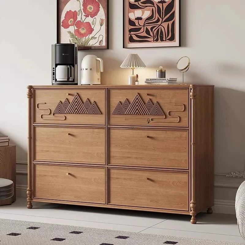 AA Medieval retro solid wood six-bucket cabinet simple carved living room wall locker