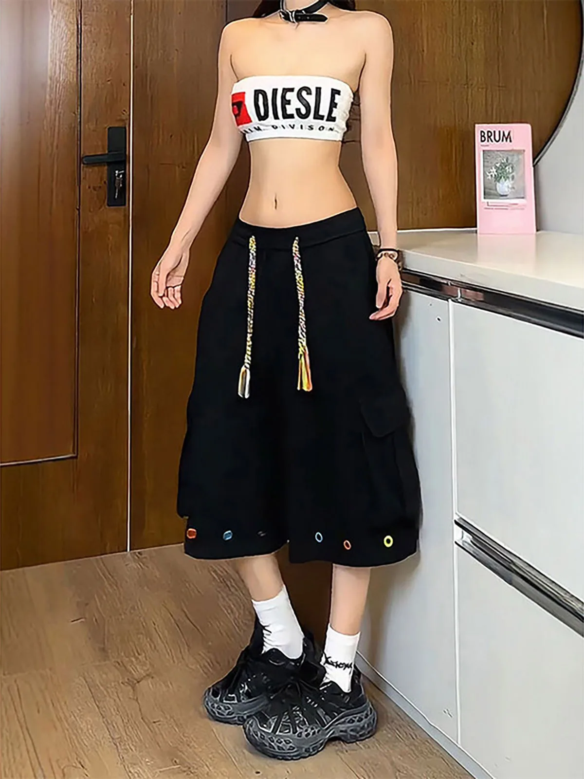 American Workwear Style Shorts Men's Woven Drawstring Elastic Waist Design Harlan Loose Lantern Wide Leg Seven Parts Pants
