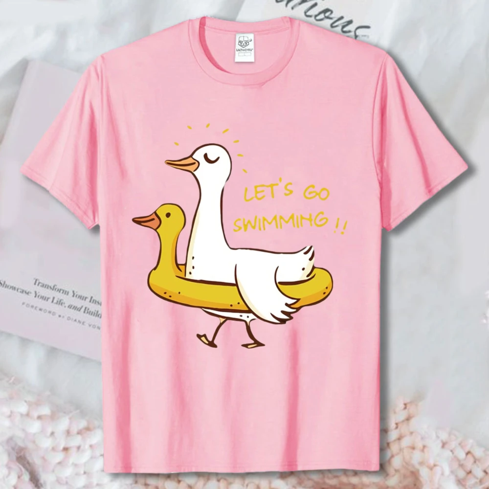 Cute Swimming Duck Women T Shirt Let's Go Swimming Cartoon Duck Float Ring Graphic Cotton Tees Summer Beach Casual Unisex Tees