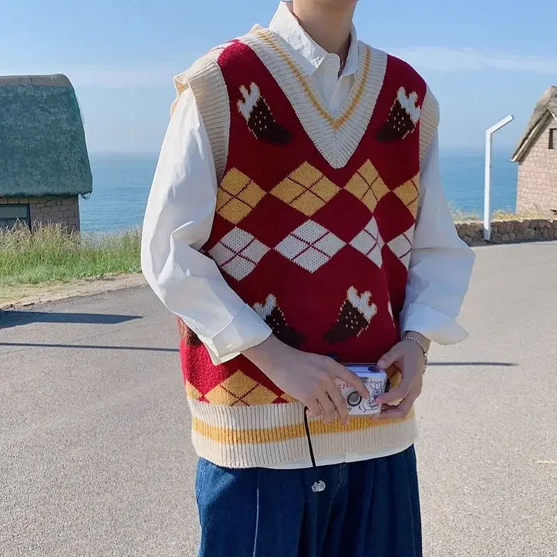Sweater V-Neck Pria Longgar Bermotif Rompi Rajut Pria Diskon Pakaian 2025 Rompi Elegan Korea Ulasan Pakaian Murah Y2k