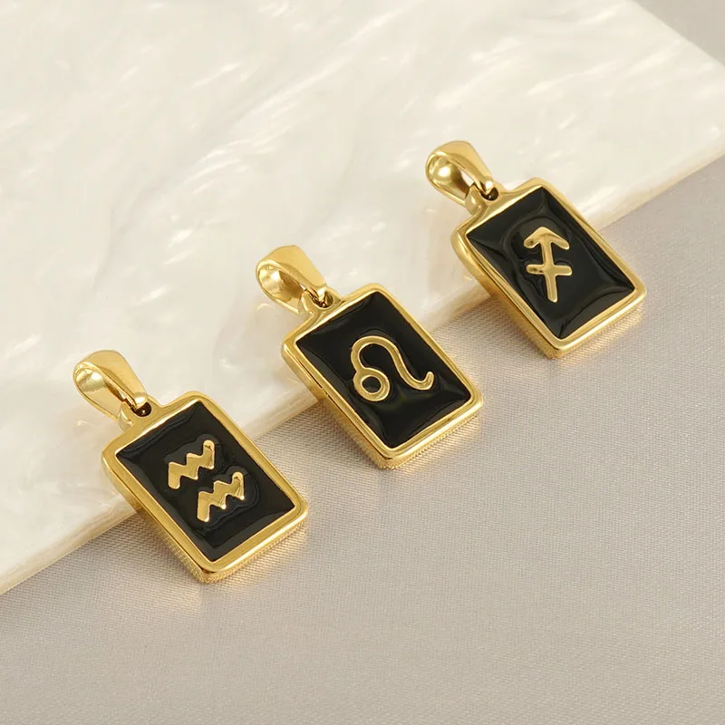 Stainless Steel 18K Gold Plated 26 A-Z Initials Square Black Base Constellation Pendant For Women Necklace Jewelry Wholesale