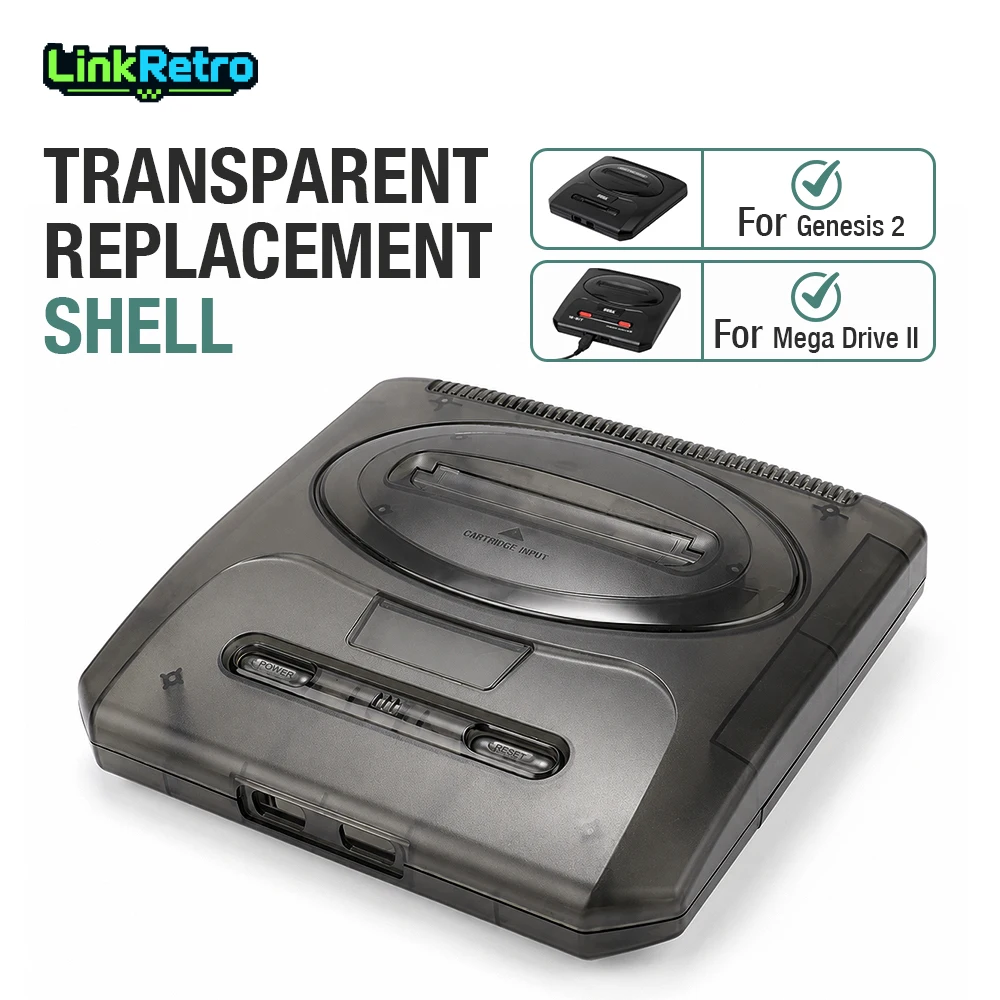 LinkRetro Transparent ABS Replacement Shell Injection-Molded Console Housing Case for Sega Genesis 2 / MD2 Game Console