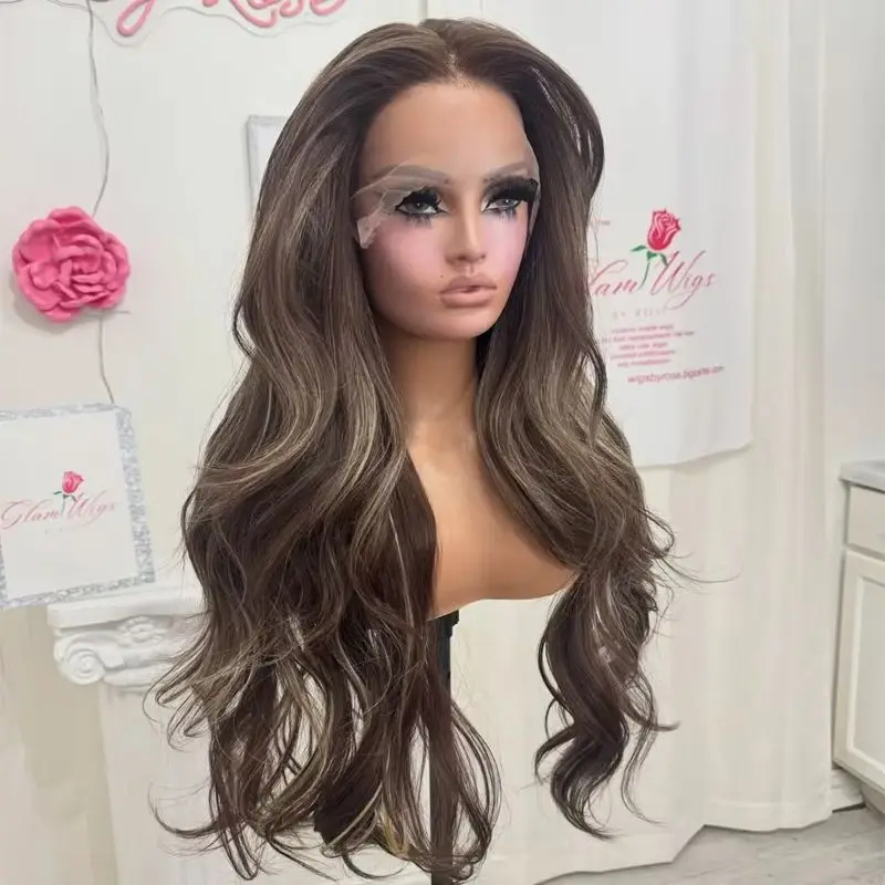 Soft Body Wave Lace Frontal Wig Ombre Brown with Blonde Streak Synthetic Wig Realistic look Long Length Wigs Blended Human Hair
