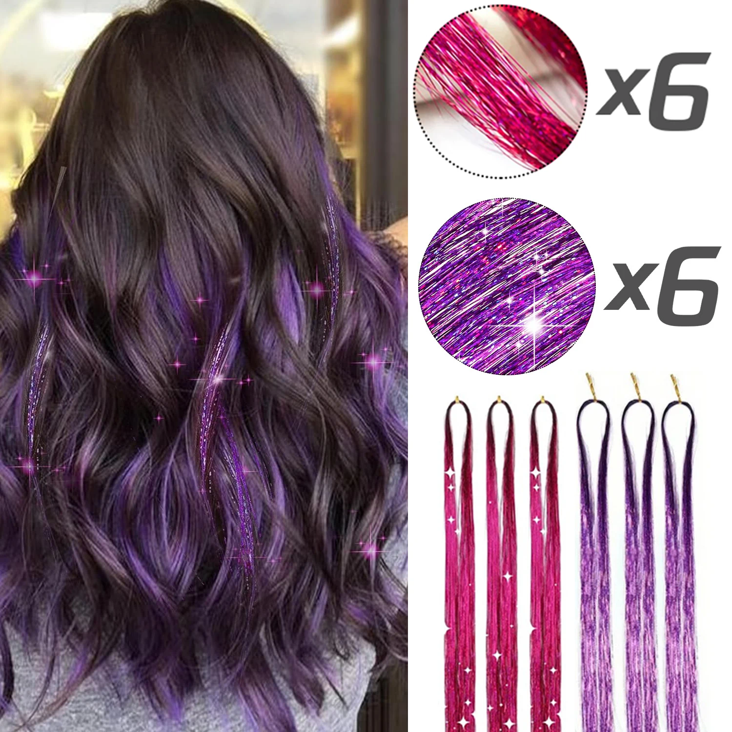 

12pcs Glitter Sparkling Shinny Fairy Hair Accessories Tinsel Hair Extension for Women and Girls for Christmas New Year Halloween