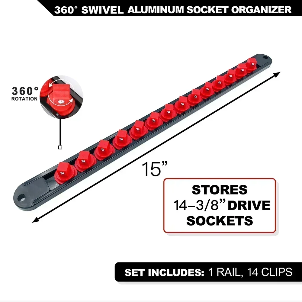 Premium Quality 360° Swivel ABS Socket Organizer Holder 1/4' 3/8' 1/2' Socket Clip Rail Tools Blue & Red