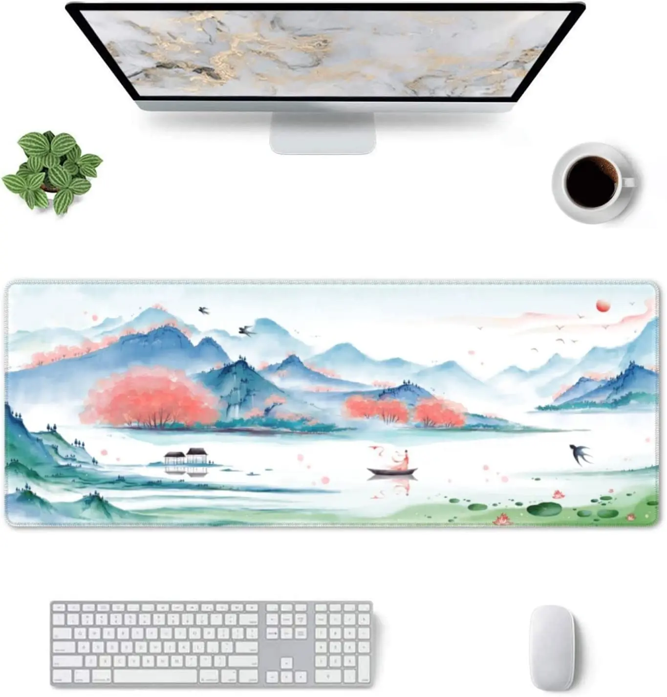 Landscape Ink Painting Gaming Mouse Pad XL Large Non Slip Rubber Mousepad Stitched Edges Desk Pad 31.5X11.8