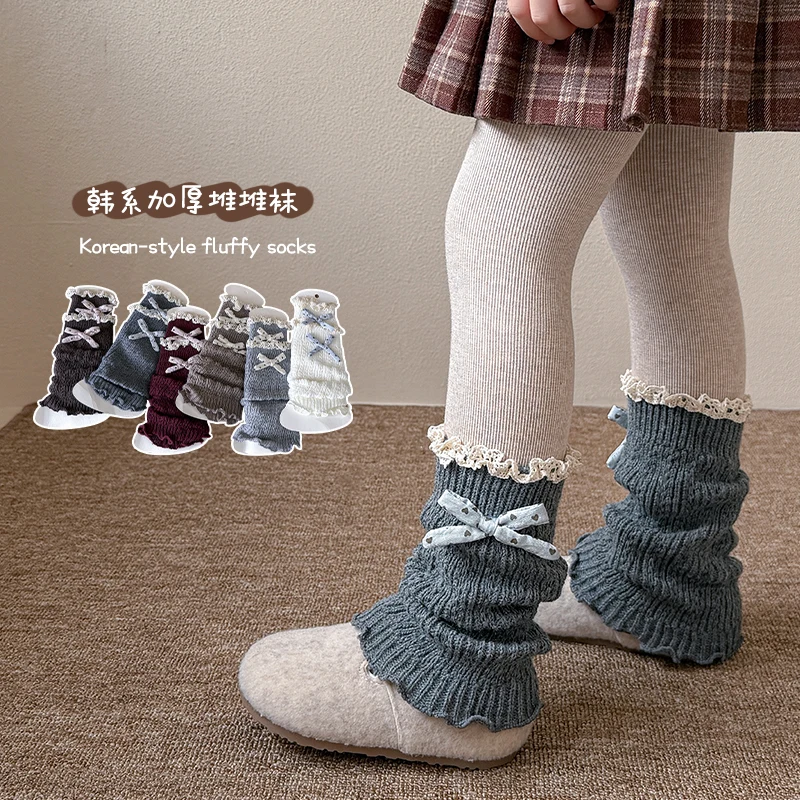 Little Girls Knitted Thickened Leg Warmers Cute Princess Style Fabric Heart Bow Ornament Lace Trim Soft Stretchy Calf Leg Covers