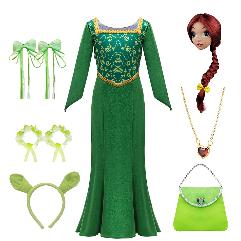 

Kids Fiona Green Princess Cosplay Dress Girl Print Elegant Gown Halloween Easter Long Sleeve Costume Spring Autumn Fancy Outfits