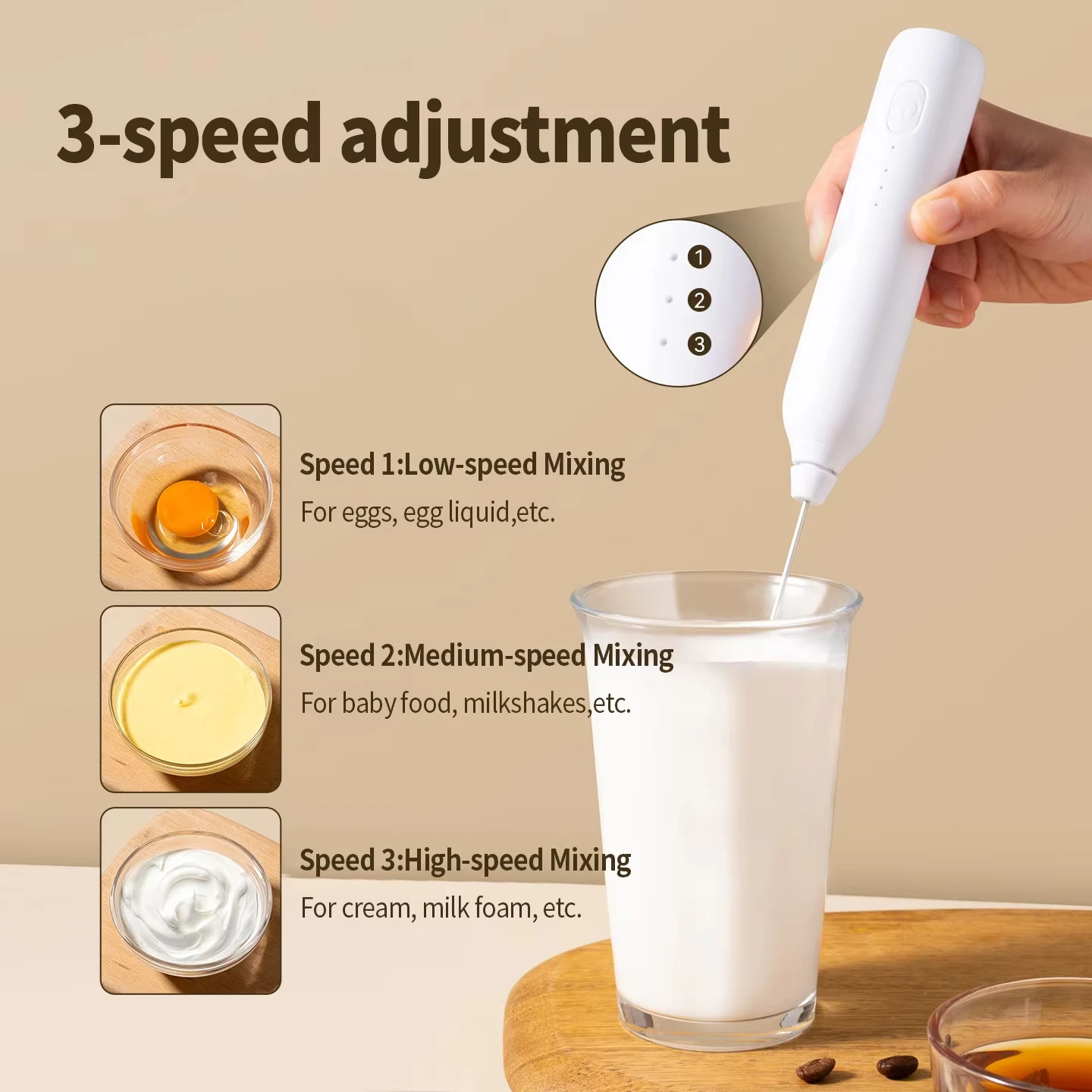 3-Speed Rechargeable Electric Milk Foam Machine Coffee Mixer Handheld Egg Beater Kitchen Cream Mixer