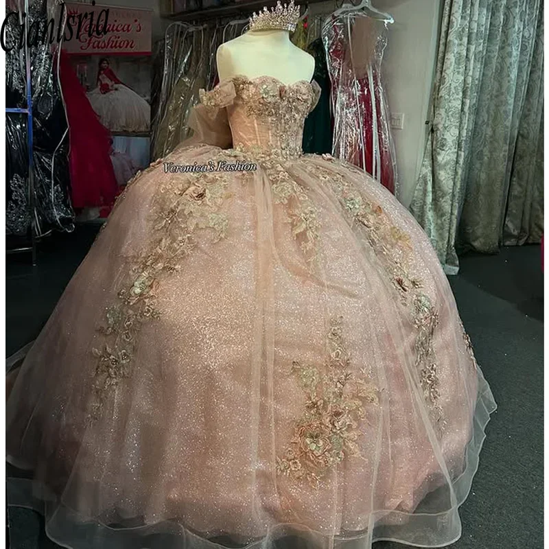 فساتين Quinceanera مزينة بالخرز من التول باللون الذهبي الوردي مع فيونكة حلوة 15 16 فساتين فيستدوس دي 15 أنيوس