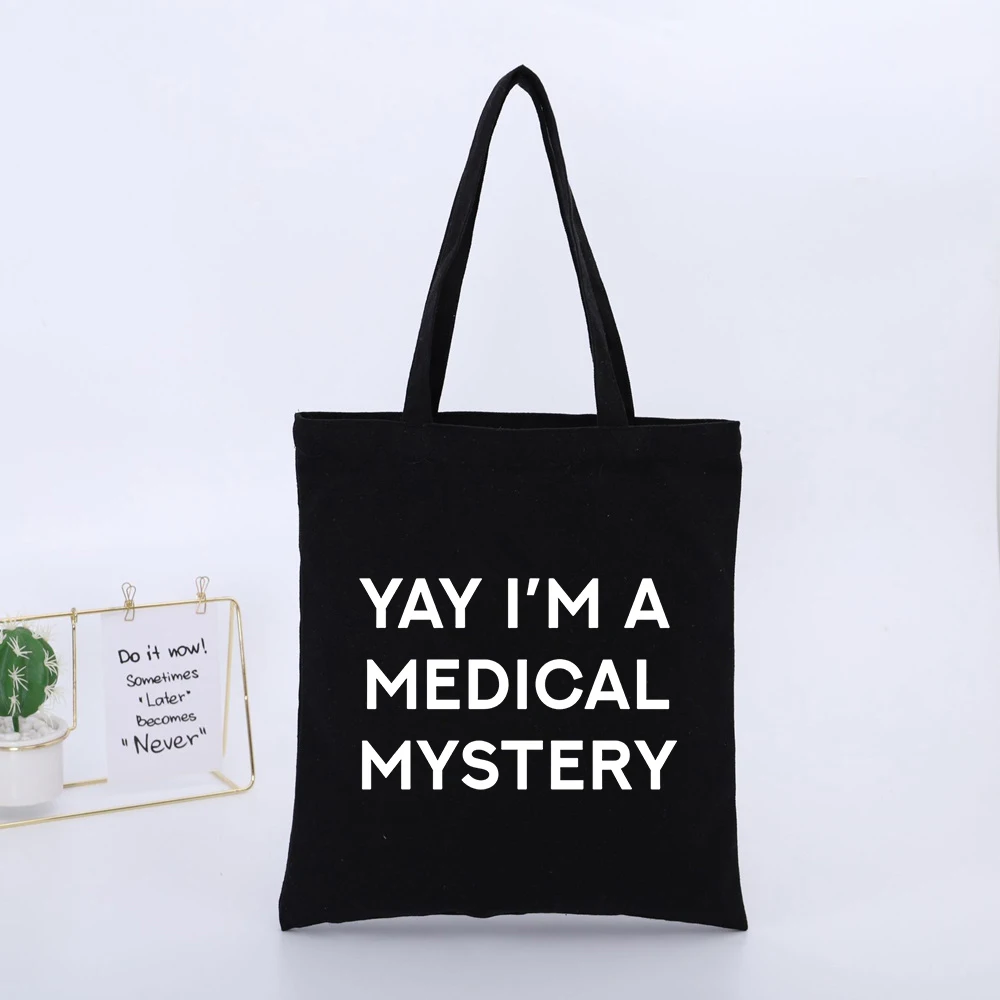 Slogan-Style Graphic Black Canvas Tote Bag, Casual Style for Daily Shopping and Casual Outings