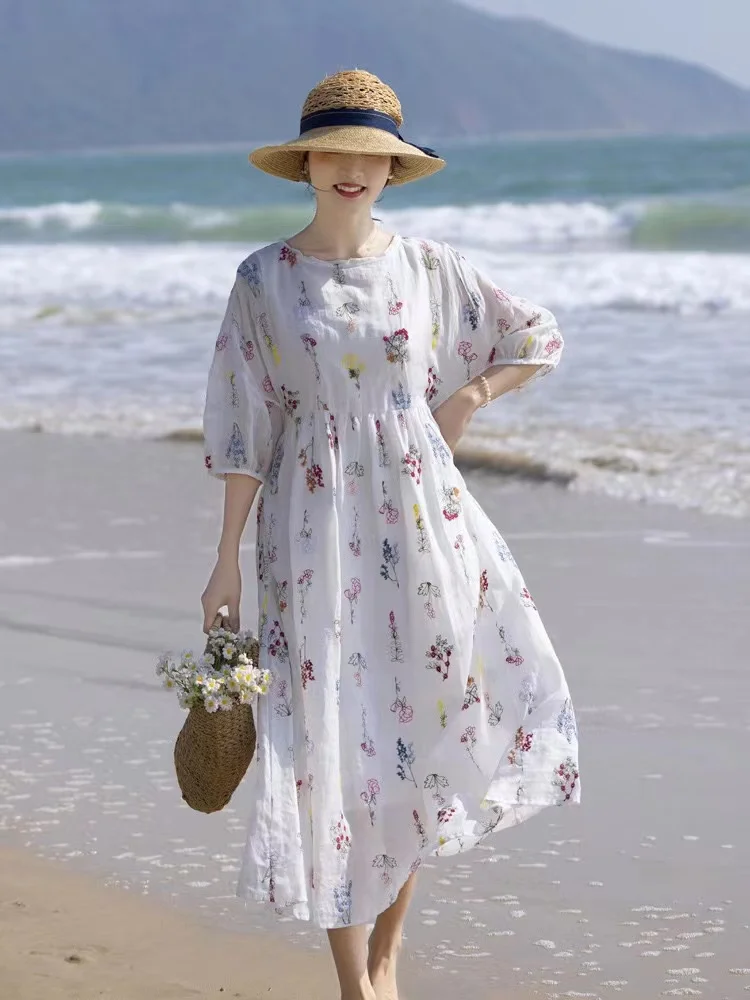 Cotton Ramie Loose Lace Up Slimming High End Casual Vacation Long Dress Women Embroidery Flower Oversize Beach Dresses X1022