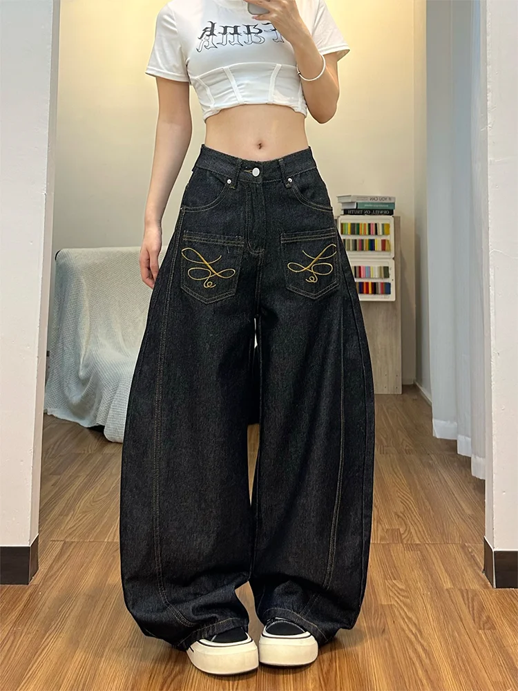 

plus Size American Style Embroidered Black Denim Jeans Women's Retro High Waist Loose Straight Leg Wide Leg Knife Pants