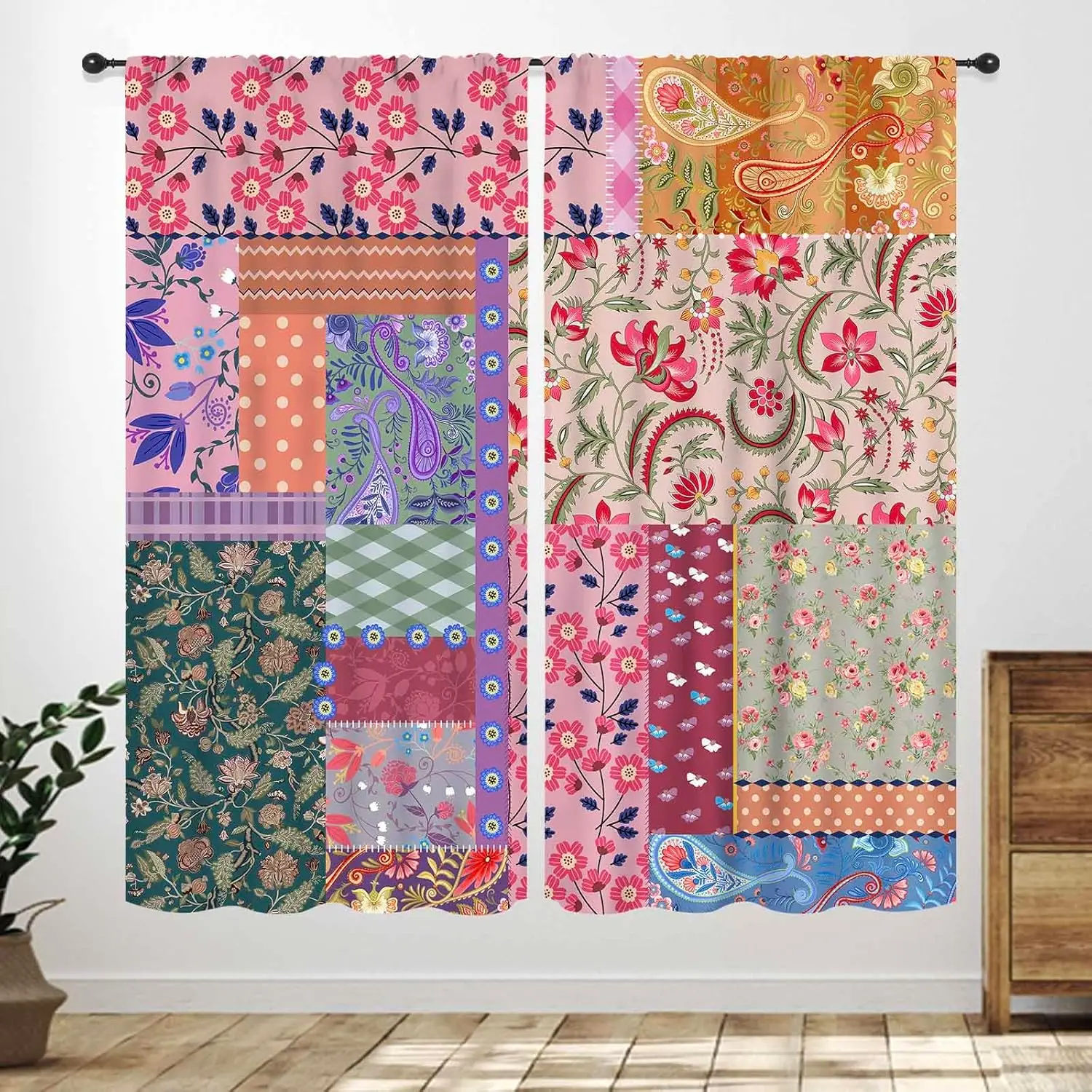 Multi Tone Botanical Paisley Grid Splicing Blackout Rod Pocket Curtain Polka Dot Floral Soft Print Rustic Homestay Bedroom Rest