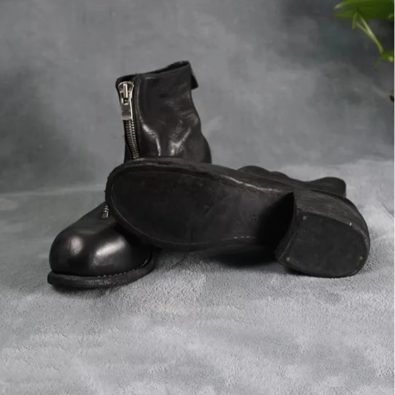 Handcrafted Vintage Horsehide Men Chelsea Boots Outdoor Hiking Work Shoes Women Zipper Motorcycle Boots Genuine Leather