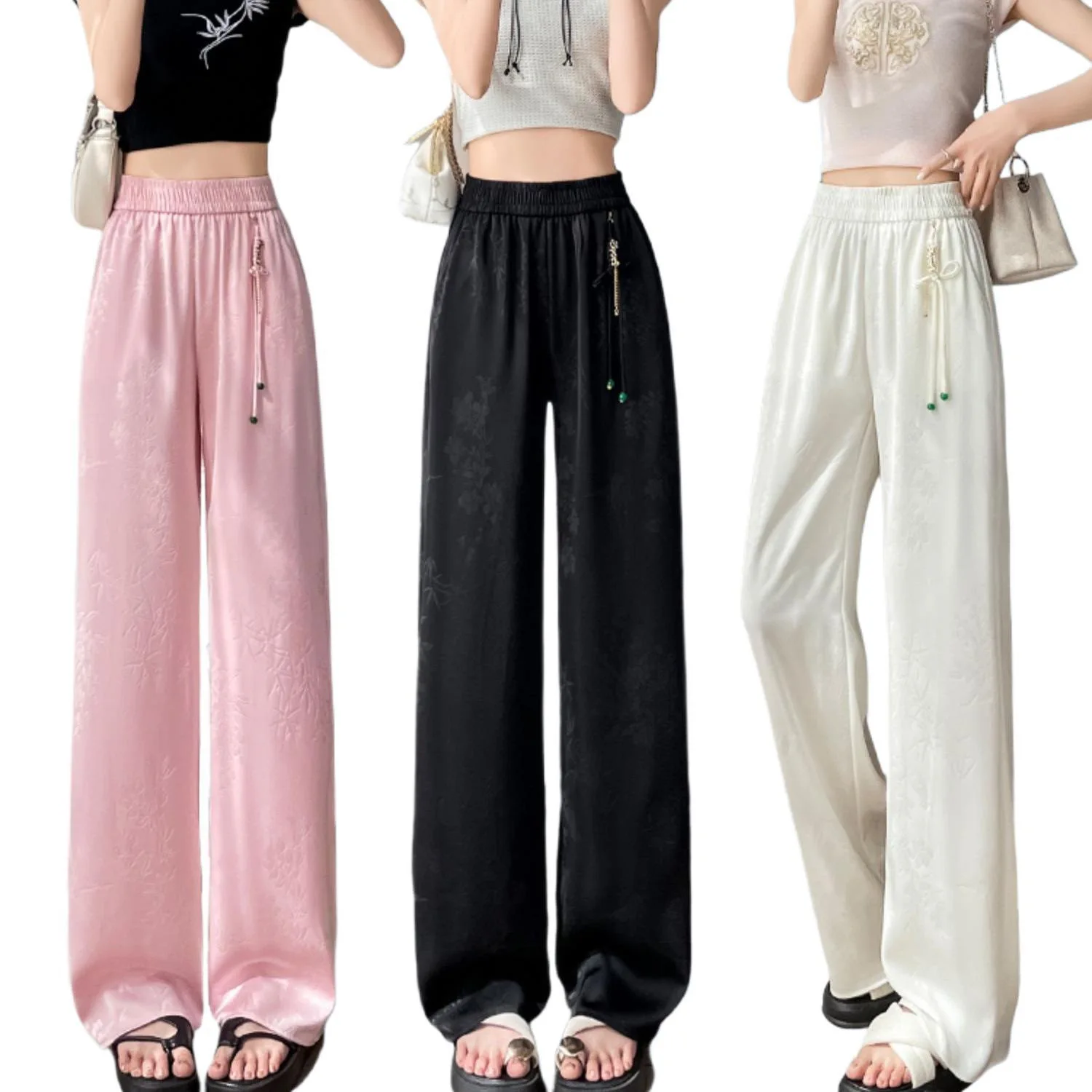 New Chinese Jacquard Satin Wide Leg Pants Summer High Waist Pendant Tassel Ice Silk Straight Leg Pants Trendy