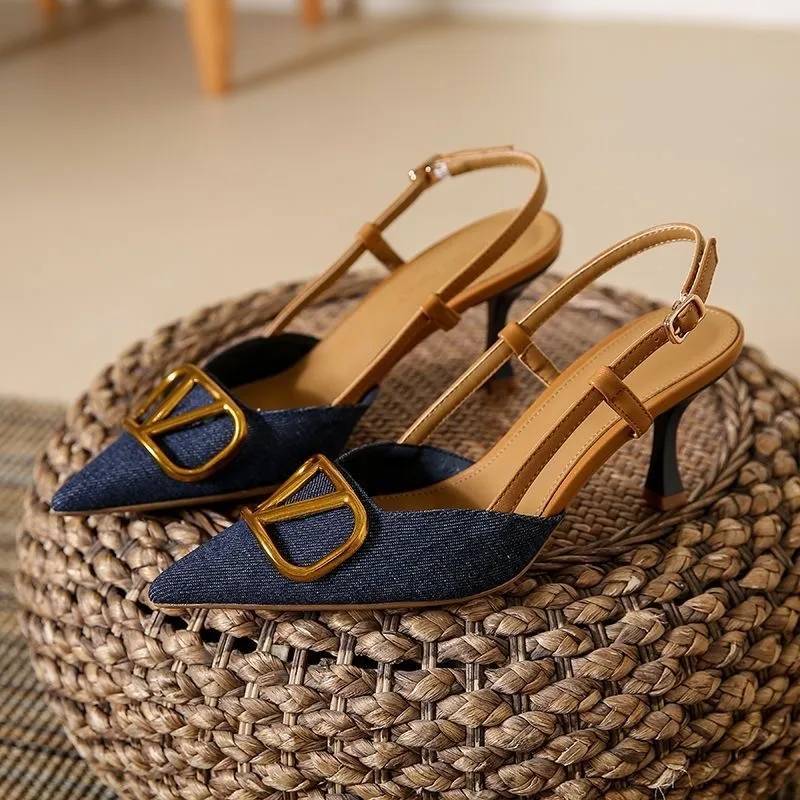 Tacones altos Retro, nuevas sandalias francesas de tacón fino con cabeza puntiaguda y boca ligera, Sandalias de tacón alto de mezclilla para Mujer, Zapatos de cabeza para Mujer
