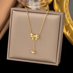 316L Stainless Steel New Fashion Fine Jewelry Sweetheart Girls Set Bowknot Heart Tassels Charm Choker Necklace Earring For Women