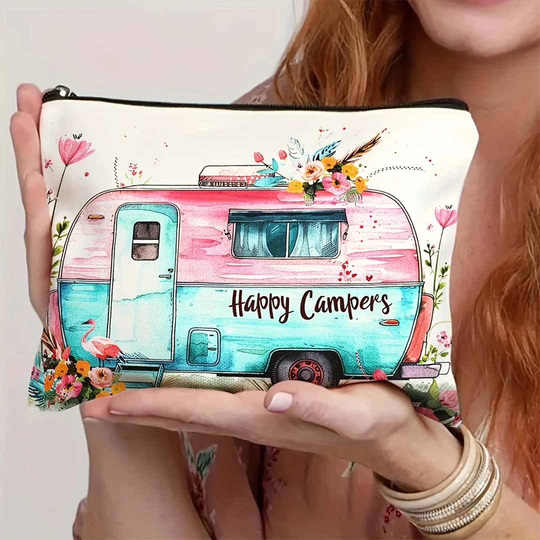 Happy Camper Makeup Bag Vintage Travel Trailer Design Floral Accents Lightweight Polyester Cosmetic Pouch for Travel Camping Use