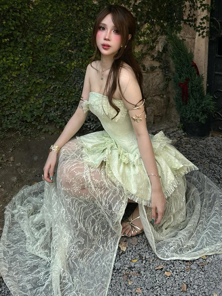 Estranho gato chique y2k vestido feminino verão sem alças irregular em camadas plissado retalhos divisão jacquard sexy magro aniversário bodycon