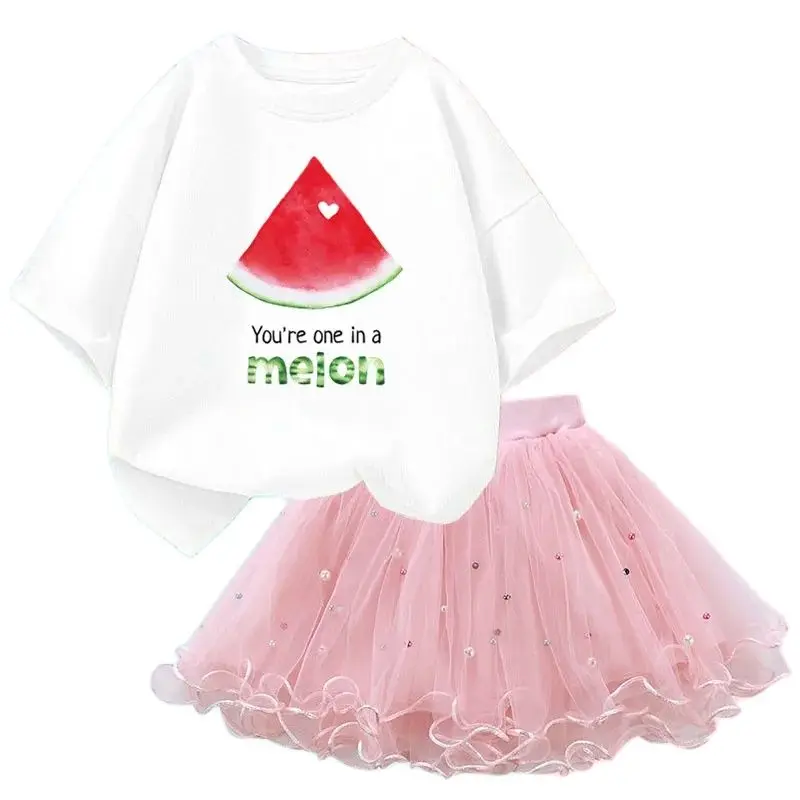 3-14y Children Girl Party Clothes Set watermelon/ Strawberry  Short Sleeve T-shirt + Tutu Skirt 2PCS Summer Girl School Outfit