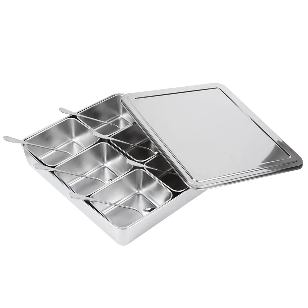 6 Grid Compartments Masala Dabba Spice Container Stainless Steel With Lid And Holder Tray Spice Jar Organizer Set With Spoons
