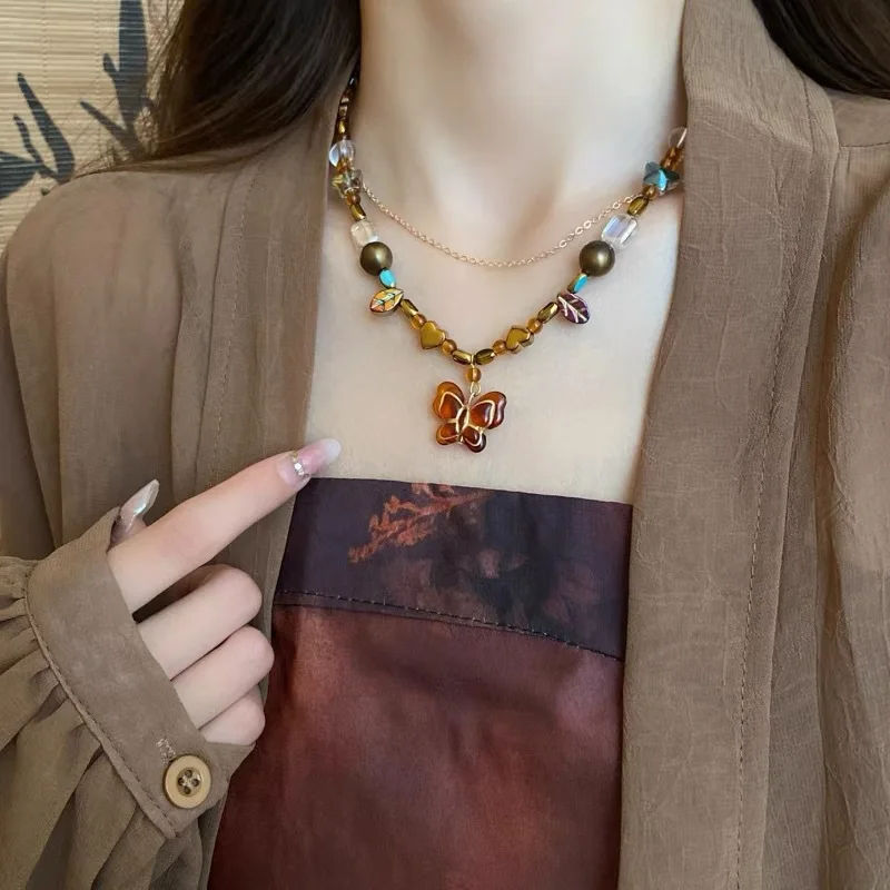 JOJewelry-Collier pendentif papillon rétro, perle géométrique, pull clavicule, style ethnique