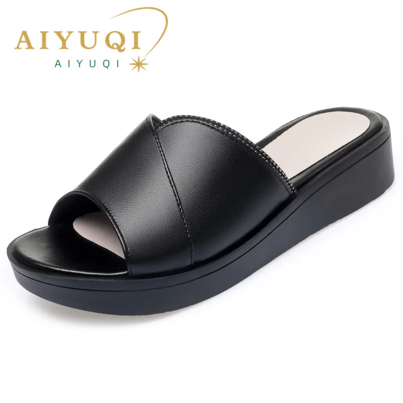 AIYUQI Women Slippers Sandals Genuine Leather Summer New Open-toe Women Shoes Slippers Big size 41 42 43 Mom Wedge Women Slides