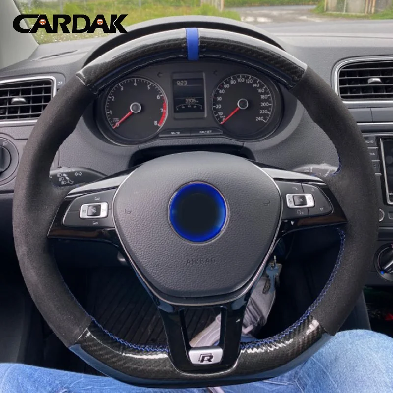 CARDAK DIY Black Suede Carbon fibre Leather Car Steering Wheel Cover Braid For Volkswagen Vw Golf 7 Mk7 Polo jetta Passat B8