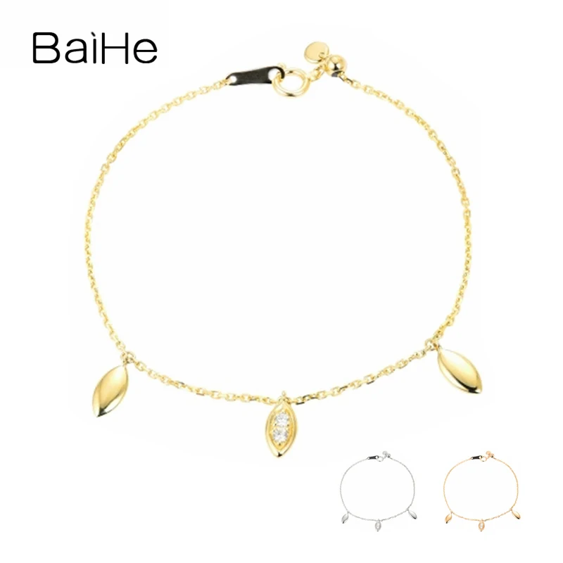 

BAIHE Solid 18K Yellow Gold 0.06ct H/SI Natural Diamond Leaf Bracelet Women Trendy Fine Jewelry Making Gelang Daun リーフブレスレット