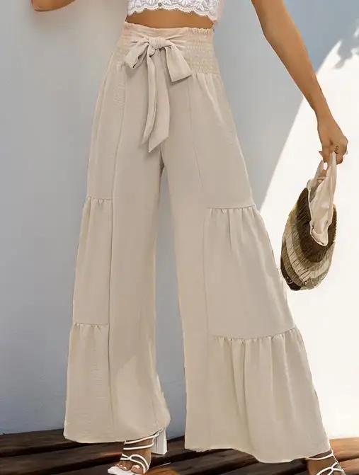 

Women's Pants Summer New Fashion Casual Style Solid Color Simple High Waisted Lace Up Drawstring Design Loose Wide Leg Pants