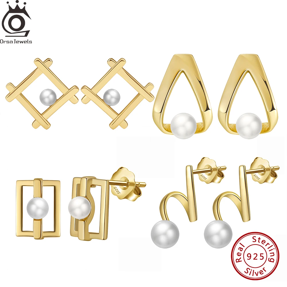 

ORSA JEWELS 14k Gold Freshwater Pearl Stud Earrings 925 Sterling Silver Fashion Geometric Shaped Ear Jewelry with White Pearl