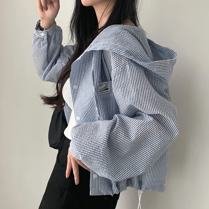 Chic Inizio Autunno Faion Strisce Verticali Colore Sang Con Cappuccio Allentato Casual Cappotto da Donna Button up Coreano Sle irt