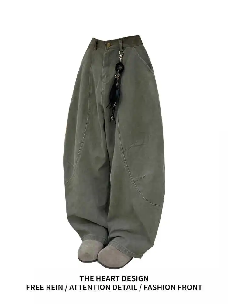 Women's Baggy Y2k Green Jeans Harajuku Vintage Streetwear Denim Pants Japanese 2000s Style Denim Trouser Oversizes Clothes 2025