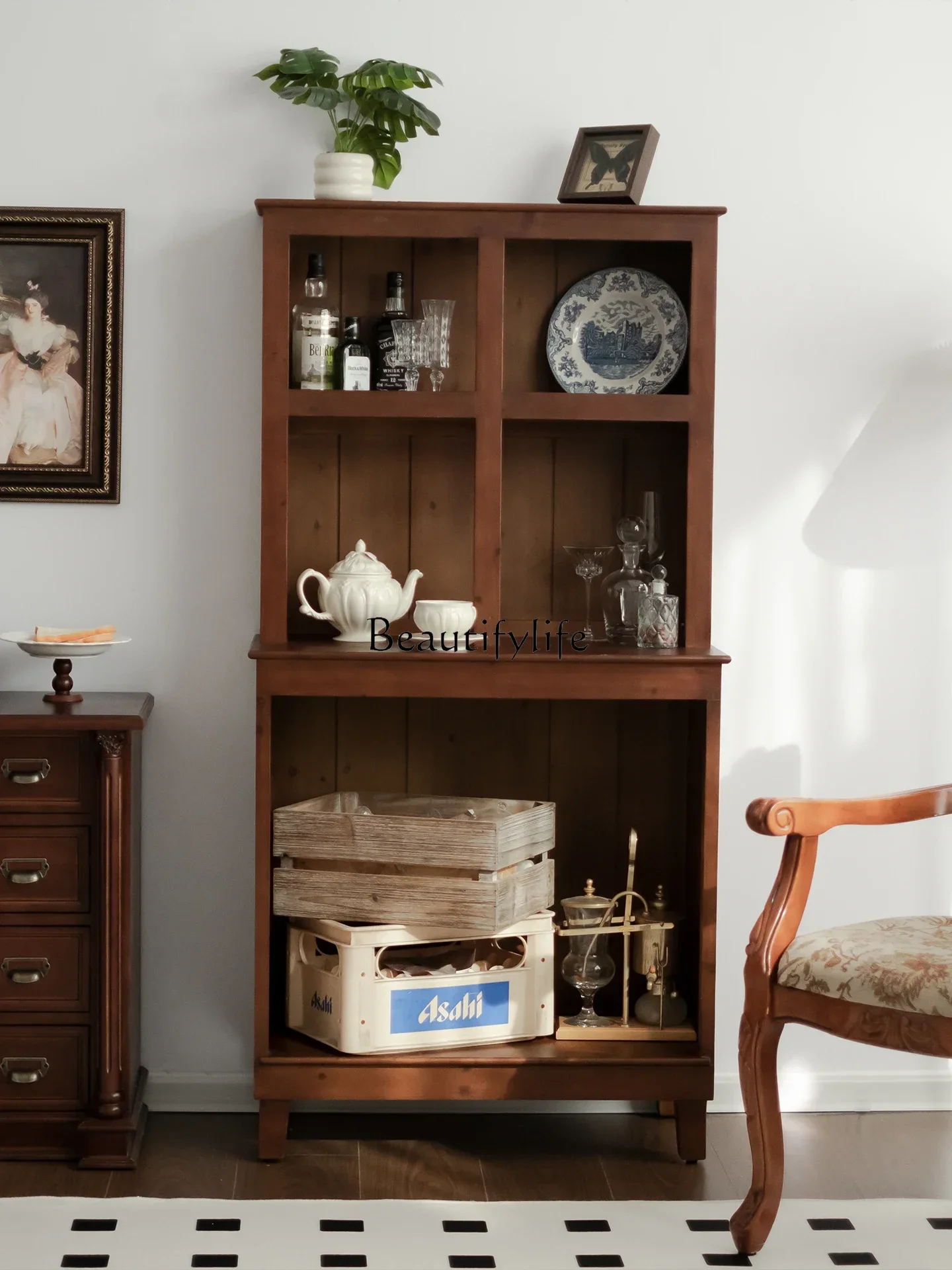 

1Japanese Style Sideboard Wall-Mounted Integrated Solid Wood Display Vintage Tea Storage Cabinet