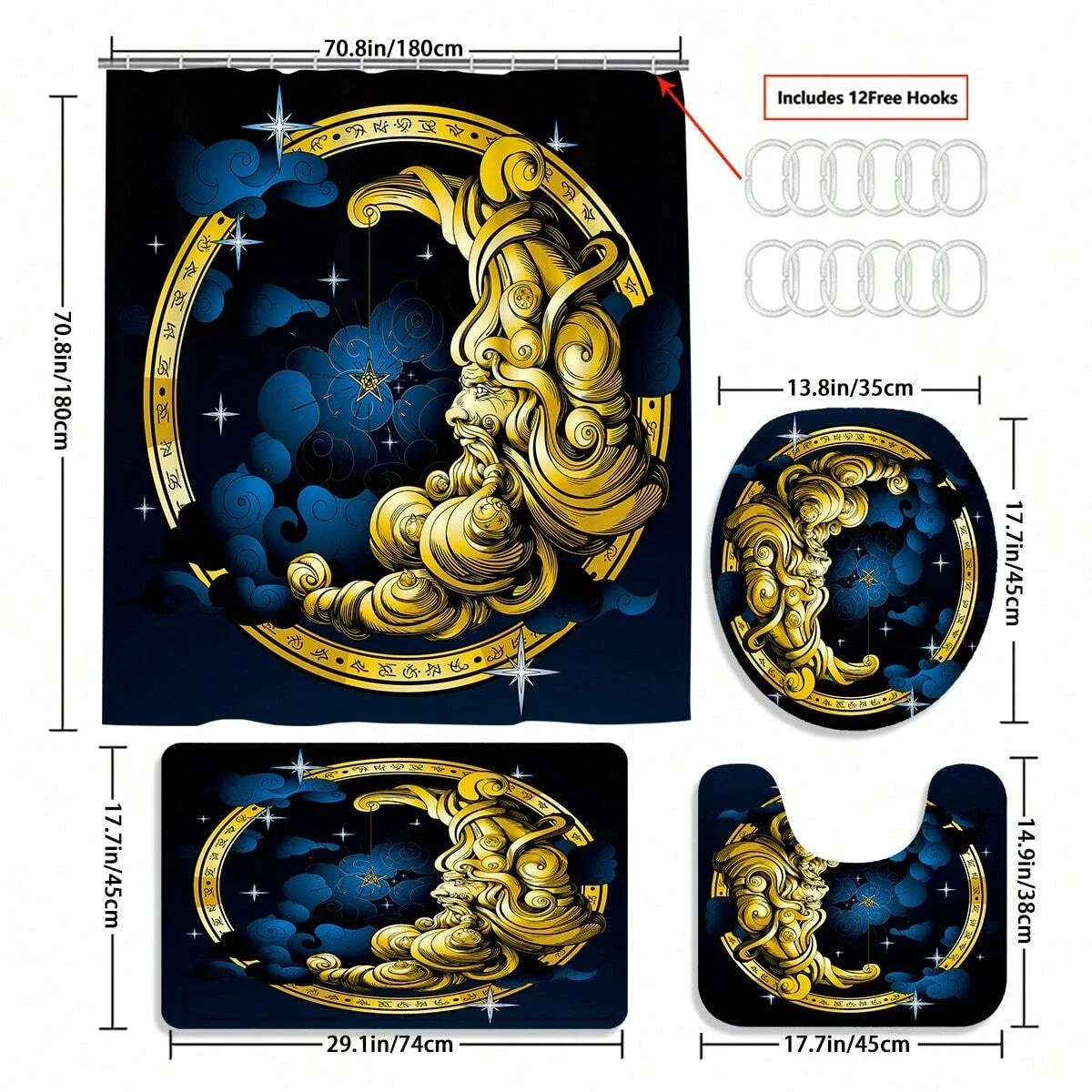 4pcs Moon Themed Bathroom Set, Waterproof Fabric Shower Curtain With 12 Hooks, Non-Slip Bathroom Mat, Bathroom Decor
