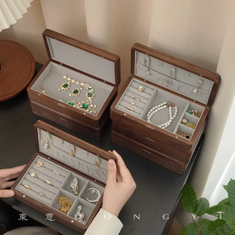 

Walnut Wood Jewelry Box Luxury Handmade Storage Case Elegant Wooden Boutique Display Box Dustproof Ring Collection Boxs with Lid