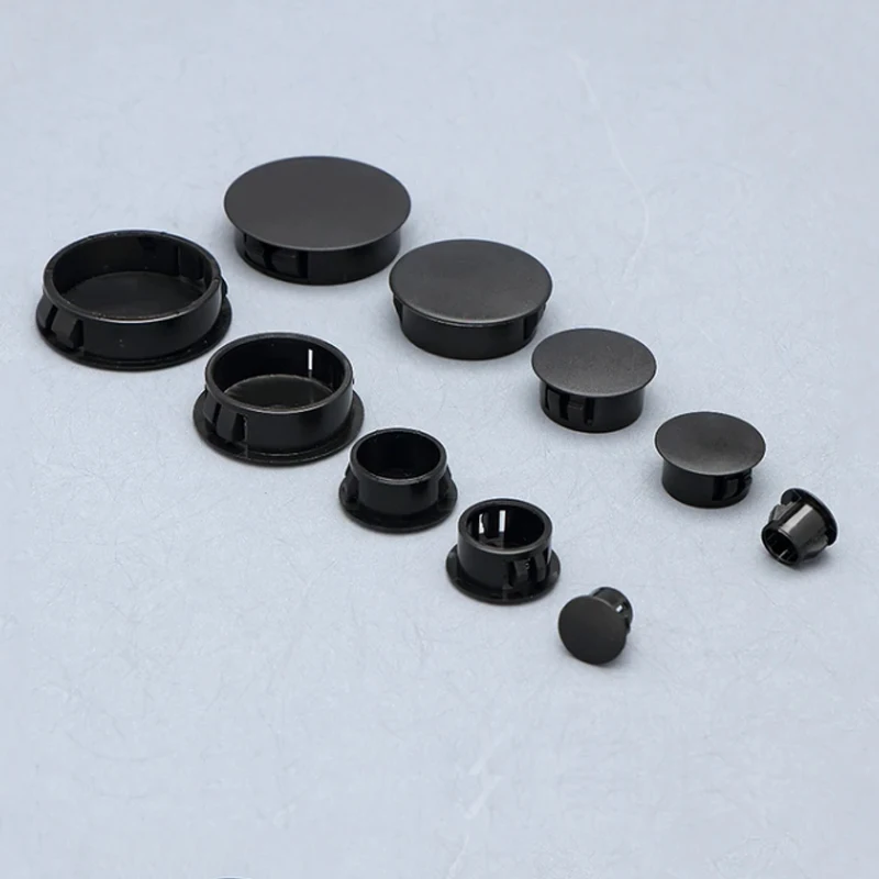 Tampas de Plástico Pretas para Furos de 5~50mm, Redondas, Decorativas, Protetoras contra Poeira, com Fivela de Nylon