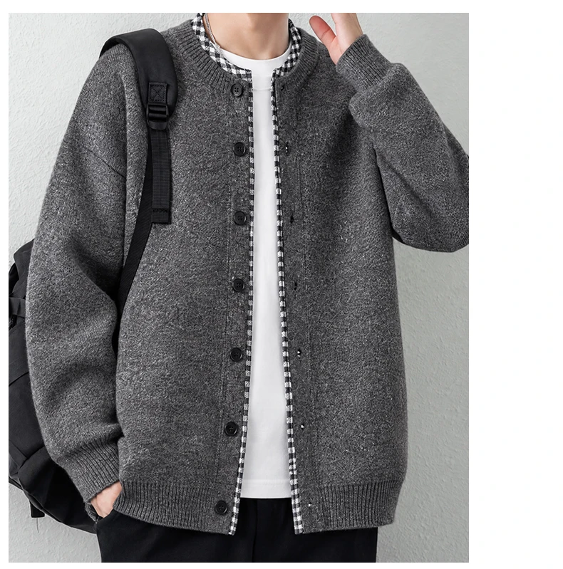 Luxuriöser Retro-Design Strick-Cardigan für Herren Neuer Hochwertiger Beliebter Karierter Patchwork-Pullover Jugendlicher Lässiger Dicker Warmer Mantel – Detail 9