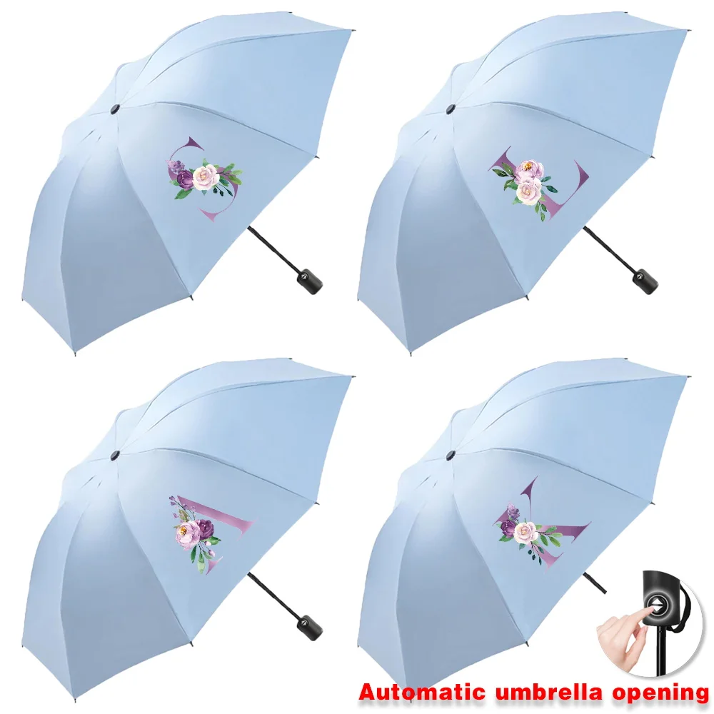 Parapluie automatique portable, protection solaire, poignée bleue, pliable, impression violette, pour voyage, soleil, touriste