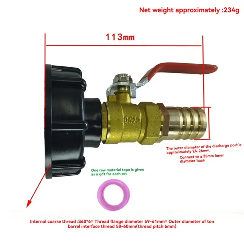 S60 To 25Mm Brass Hose Connector Valve For 1000L IBC, Water Pipe Adapter For Garden Irrigation And Home Plumbing