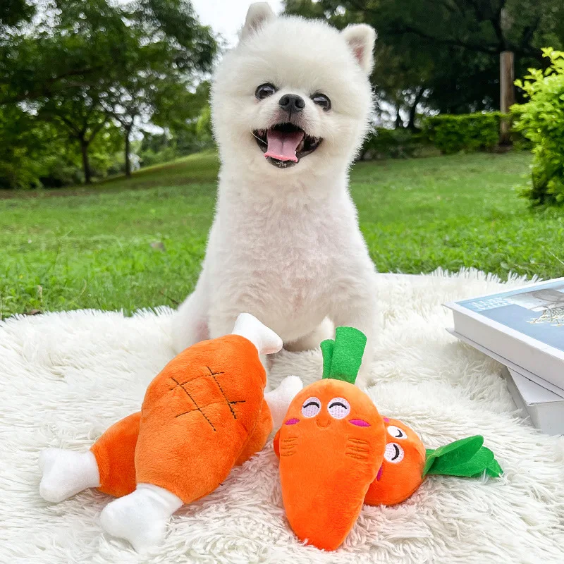 Cute Bone Chicken Leg Fruit Carrot Plush Pet Toys Squeaky Du