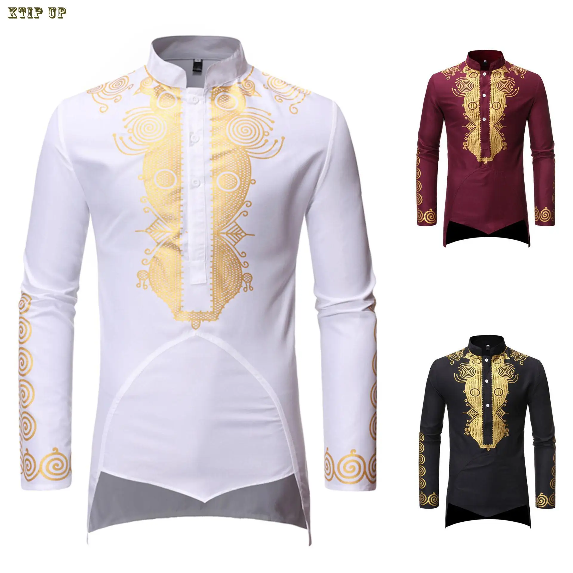 Moda hombres árabe islámico musulmán Kaftan Stand Collar dorado manga larga Vintage batas Medio Oriente Musulman Tops ropa masculina