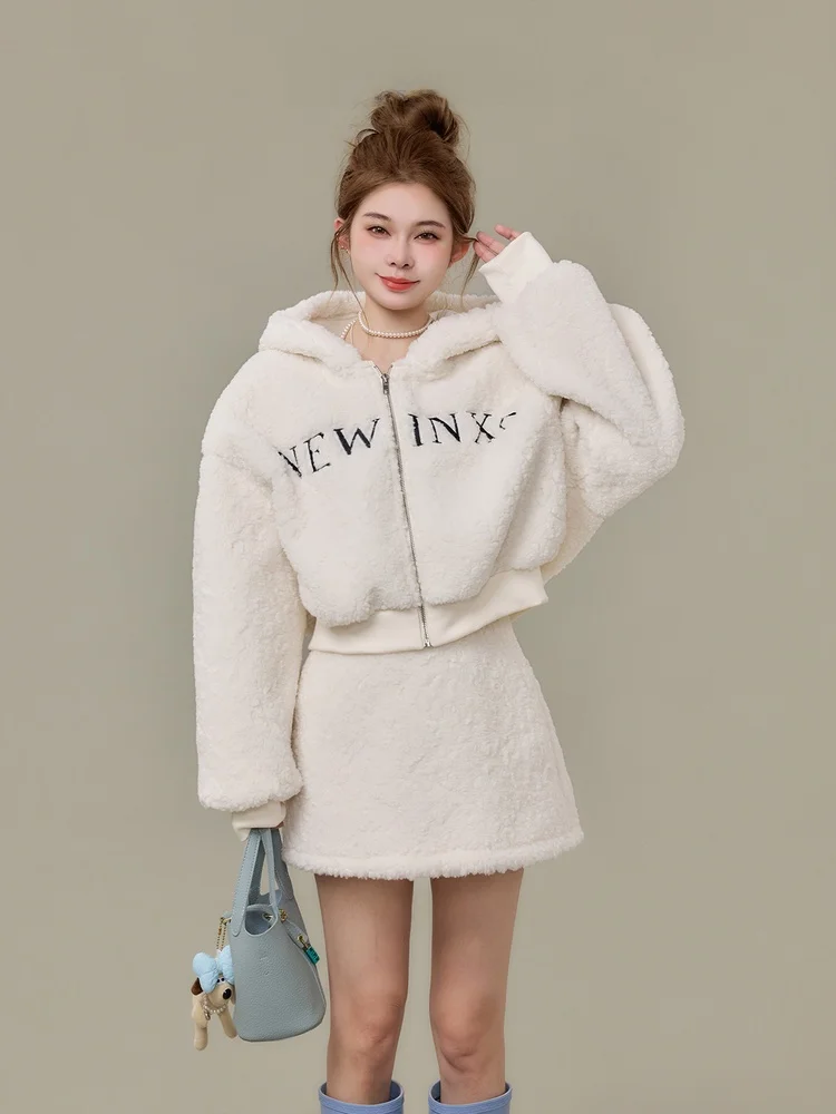 

Корейский комплект из двух предметов: свитер с капюшоном и юбка из овечьей шерсти, женский осенне-зимний костюм с высокой талией и молнией