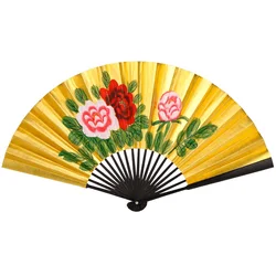 Women Retro Style Classical Peking Opera Fan Two-Sided Performance Dance Fan Peony Golden Paint Rice Paper Folding Fan Hand Fan
