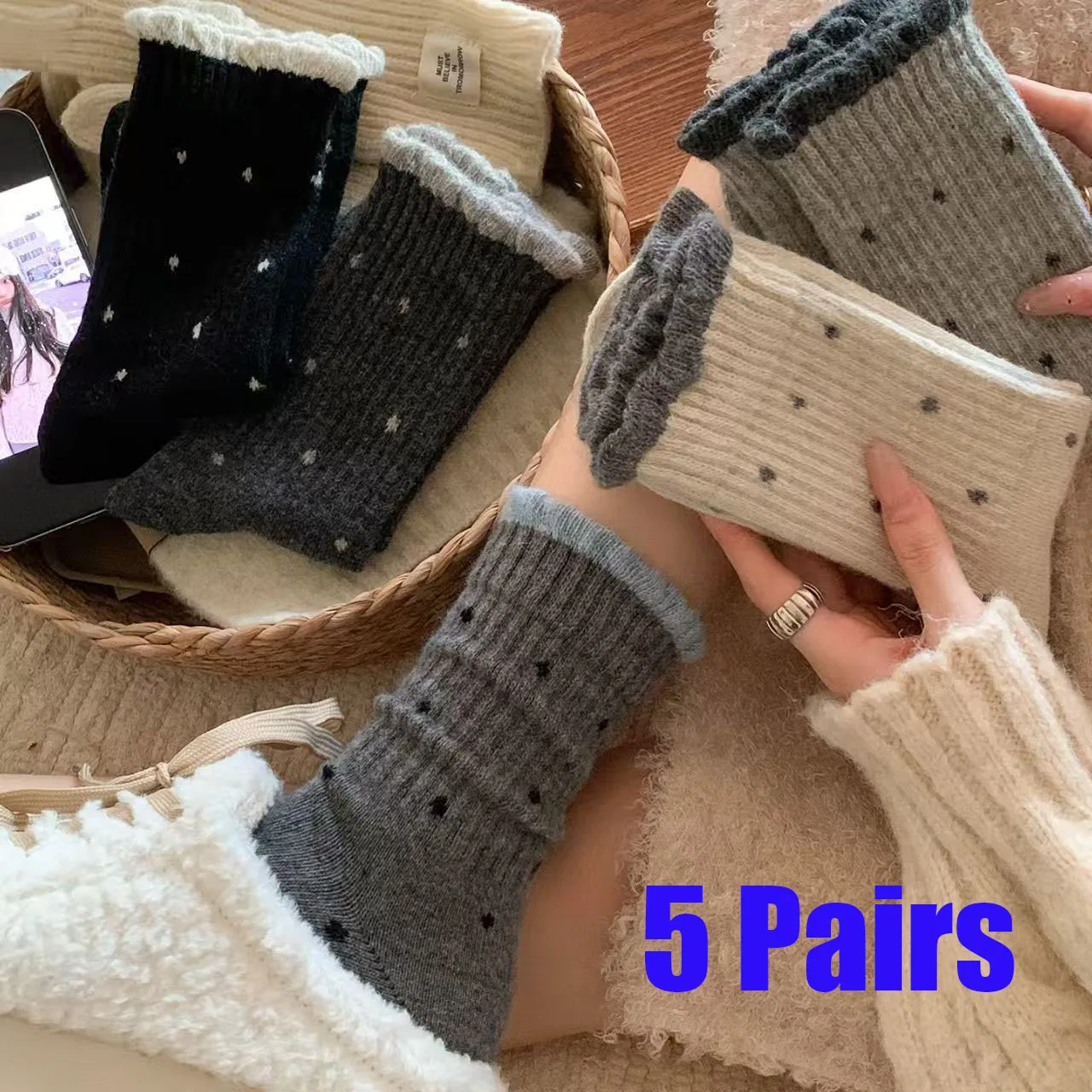 5 Pairs Women Mid Tube Cotton Socks Autumn Winter Polka Dot Socks Korean Version Instagram Trendy Versatile Warm Pile Socks